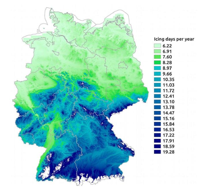 Karte von Deutschland mit Anzahl Vereisungstage pro Jahr — von 6 Tagen im Norden bis über 19 Tagen in den Alpen und Mittelgebirgen
